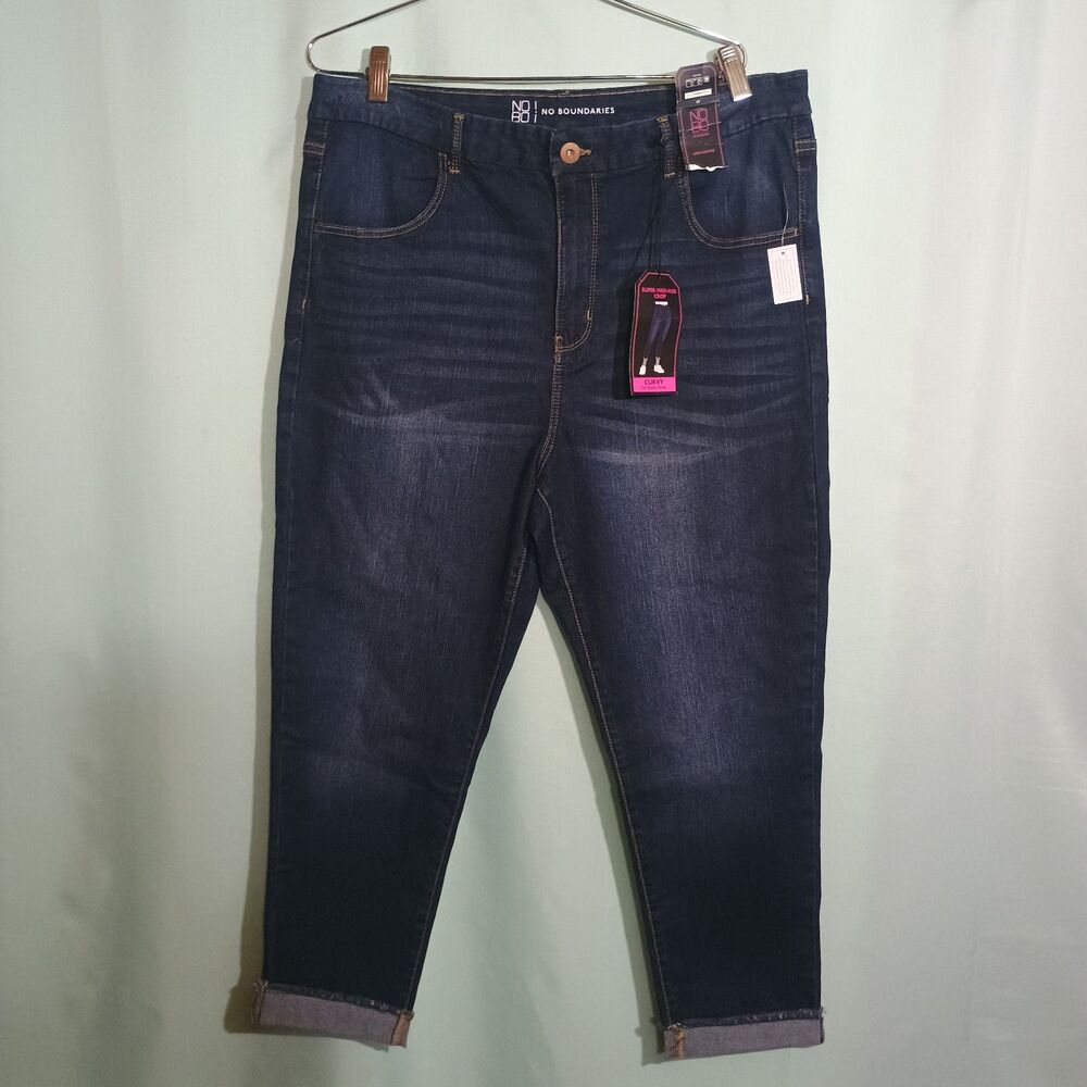 No Boundaries Dark Wash High Rise Skinny Jeans Cuffed Stretch Denim NWT